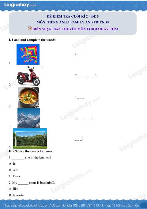 Đề thi học kì 2 Tiếng Anh 2 Family and Friends - Đề số 5
